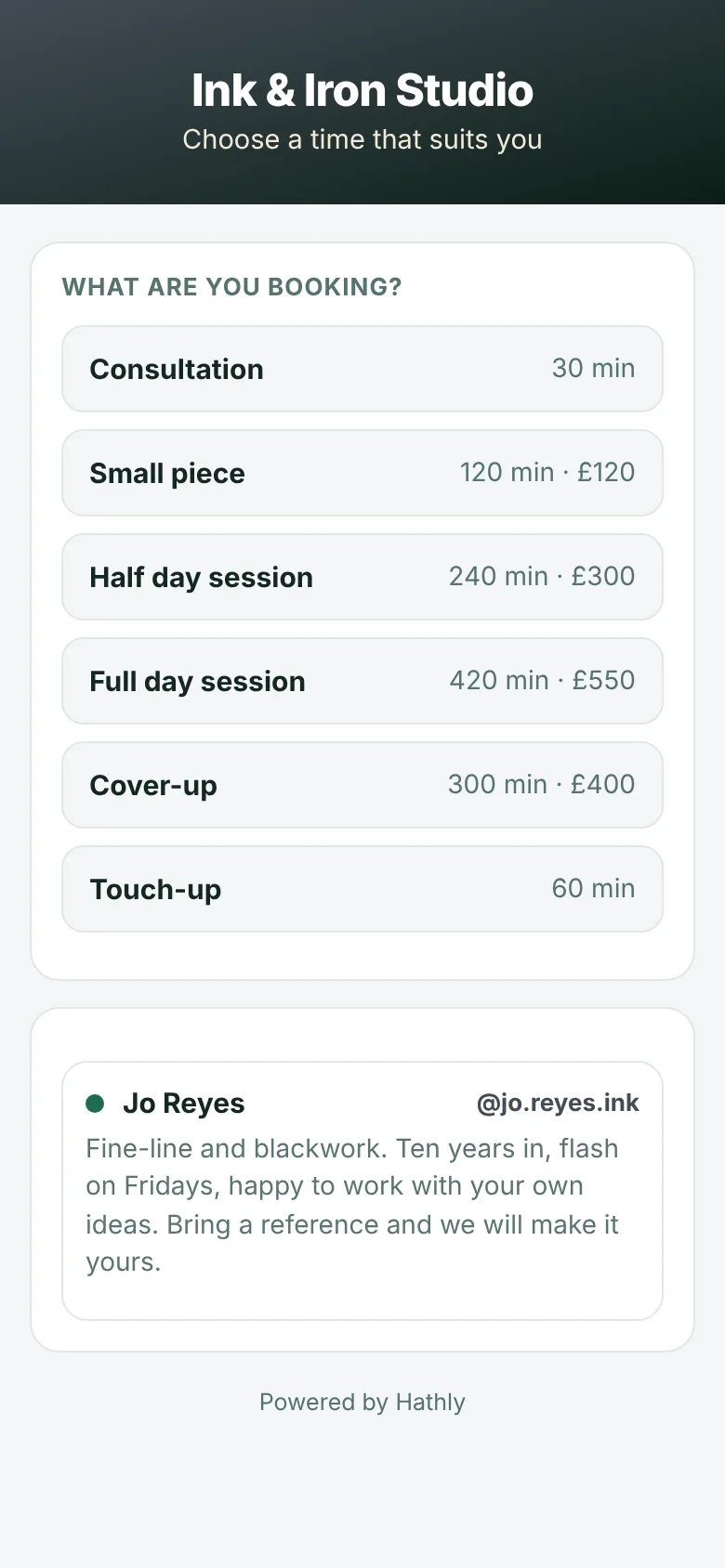A tattoo studio's booking page with an artist profile