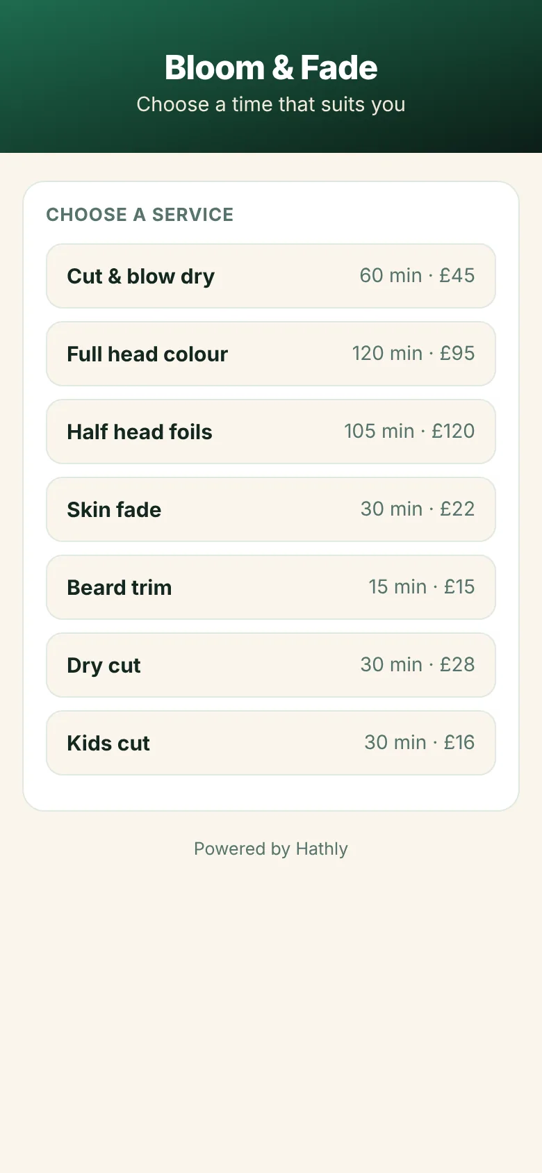 A salon's public booking page on Hathly