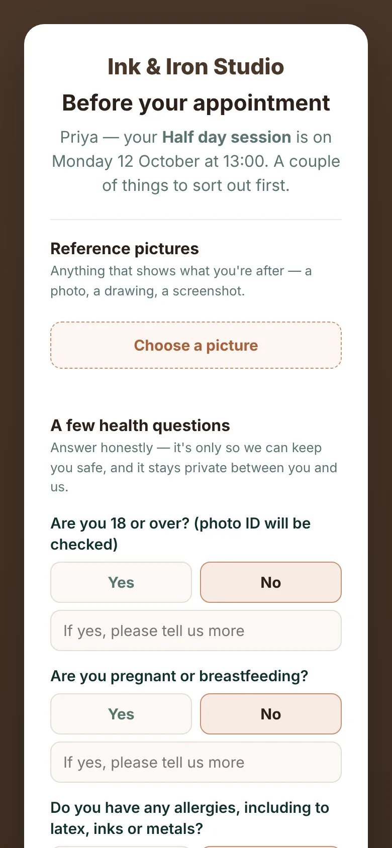 A pre-appointment health and consent form on a client's phone