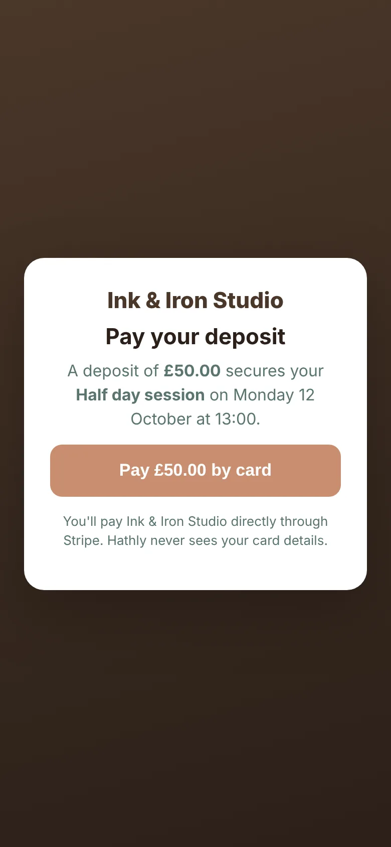 A client's deposit page: pay £50 by card