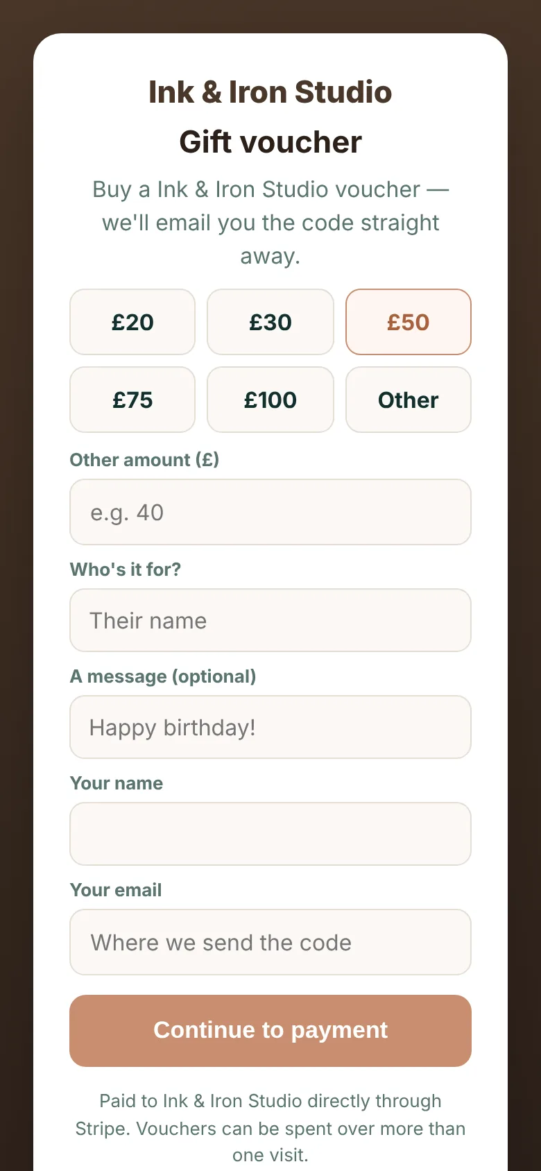 Buying a gift voucher online from a studio
