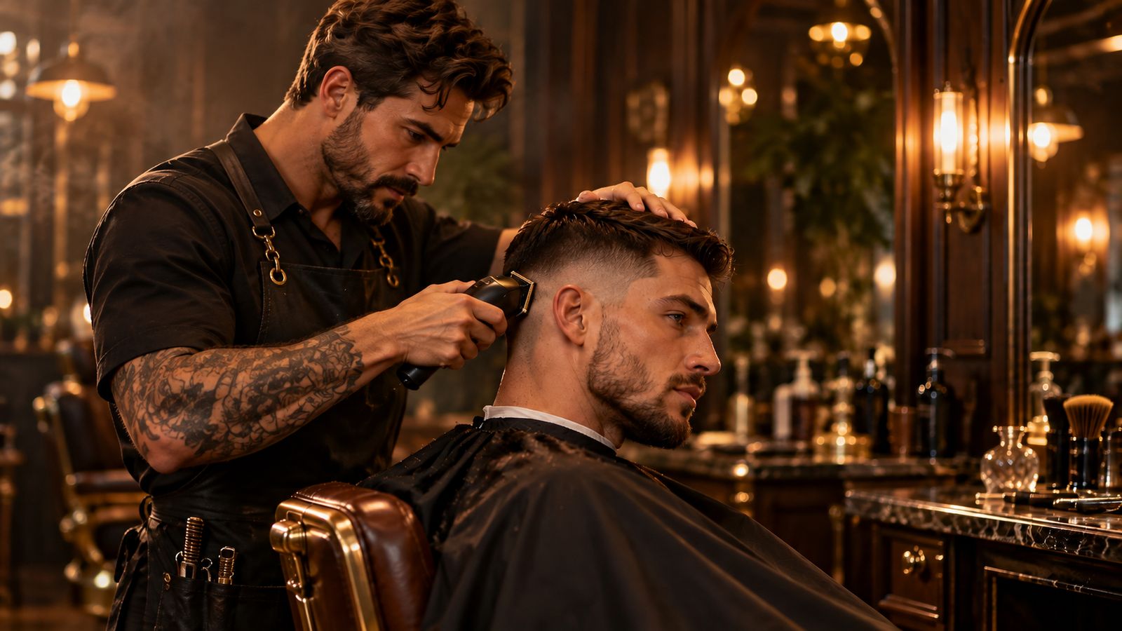 A barber doing a skin fade in a dark wood barbershop