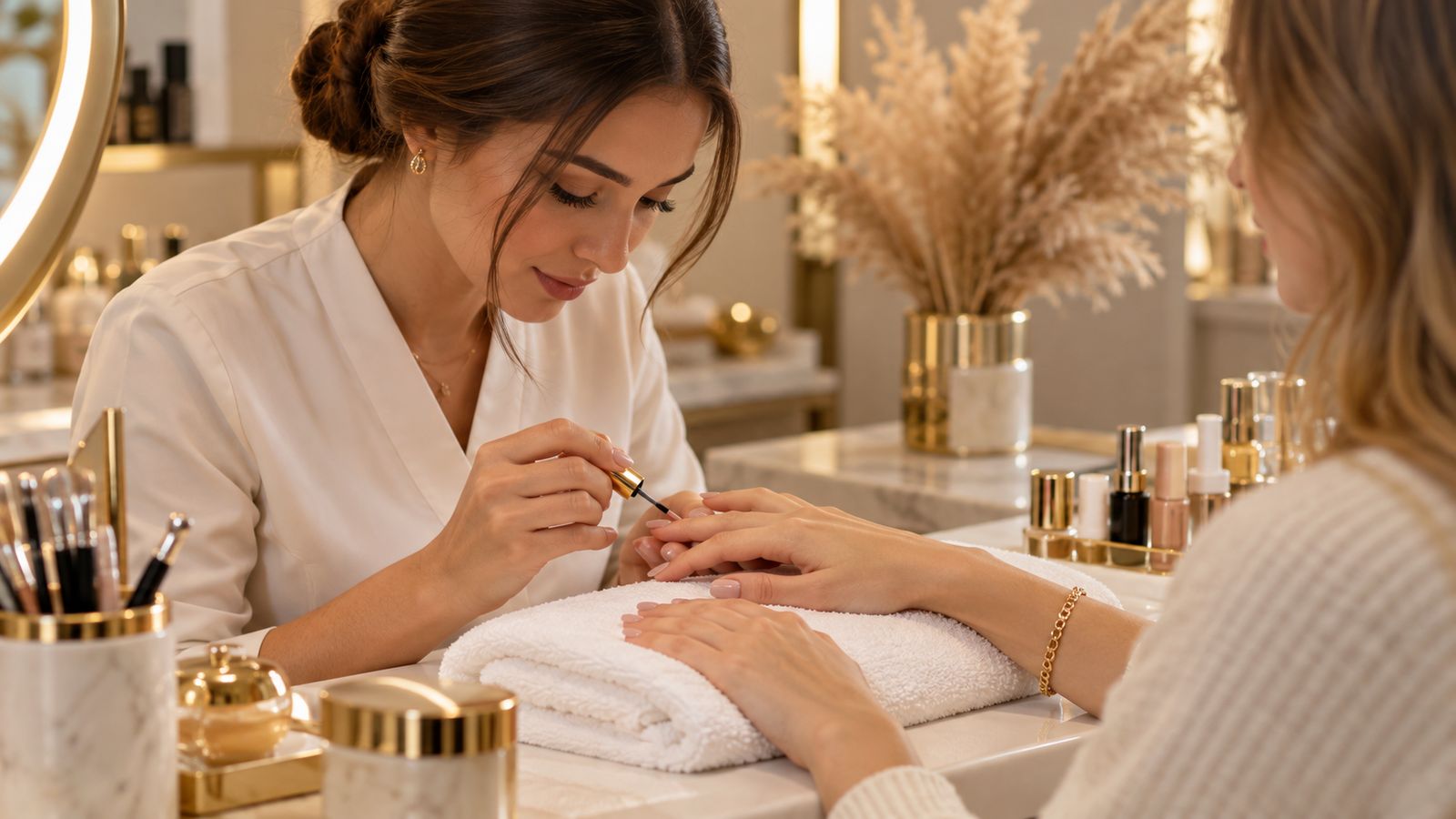 A nail technician applying polish at a cream and gold station