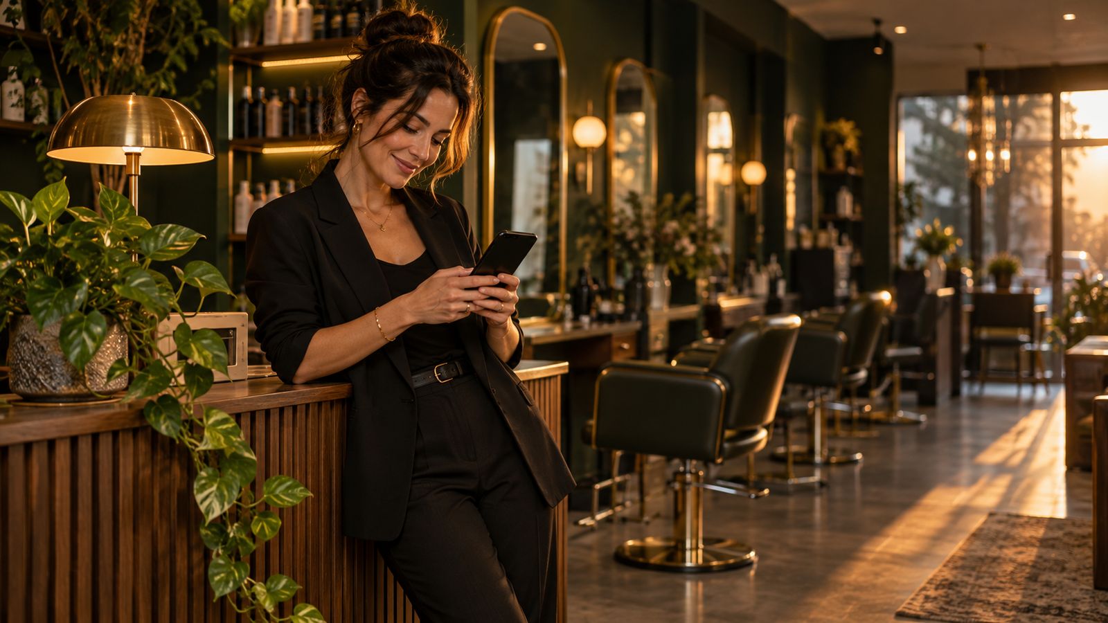 A salon owner checking her phone at reception at the end of the day