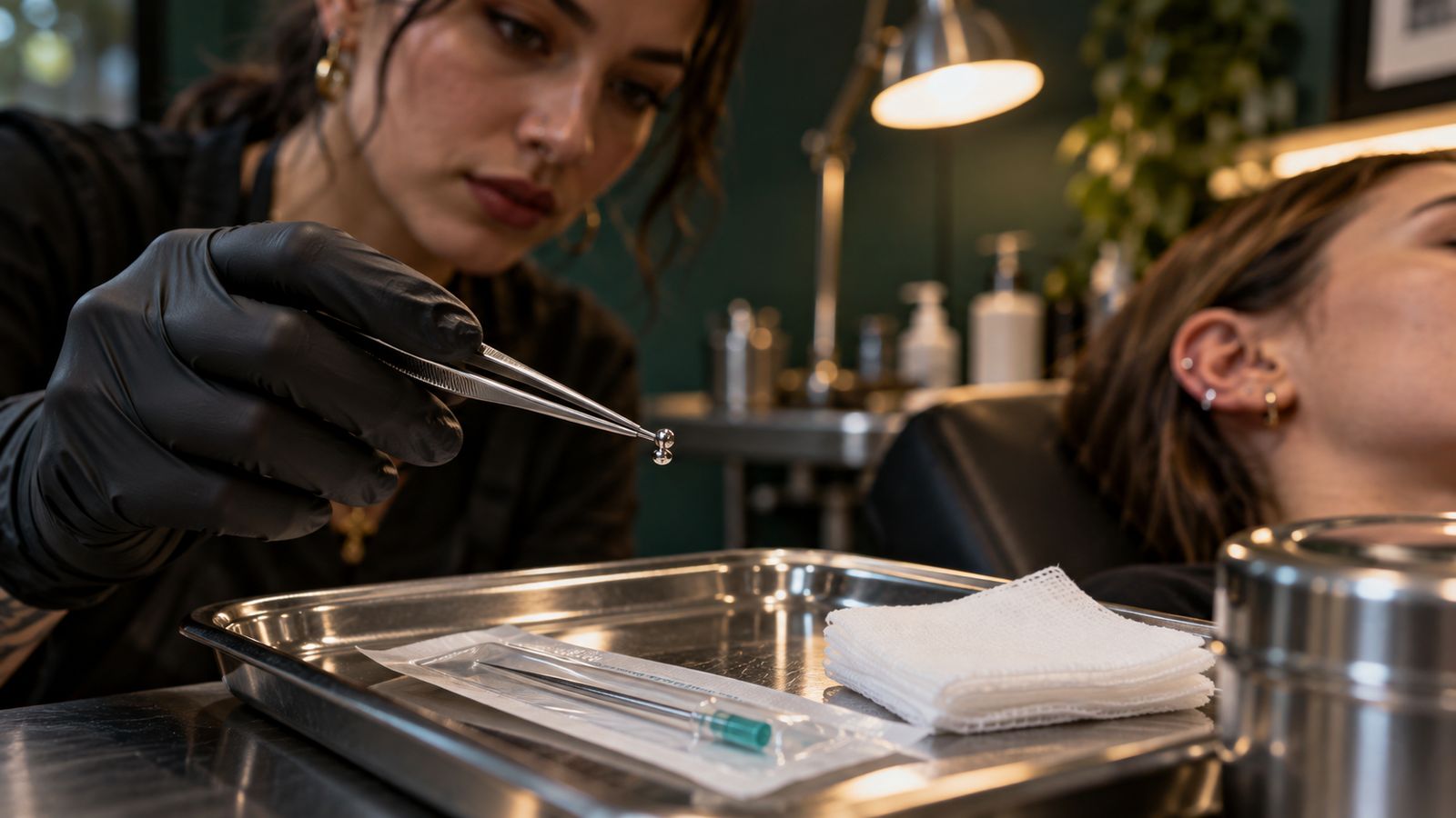 A piercer holding a titanium stud over a sterile tray