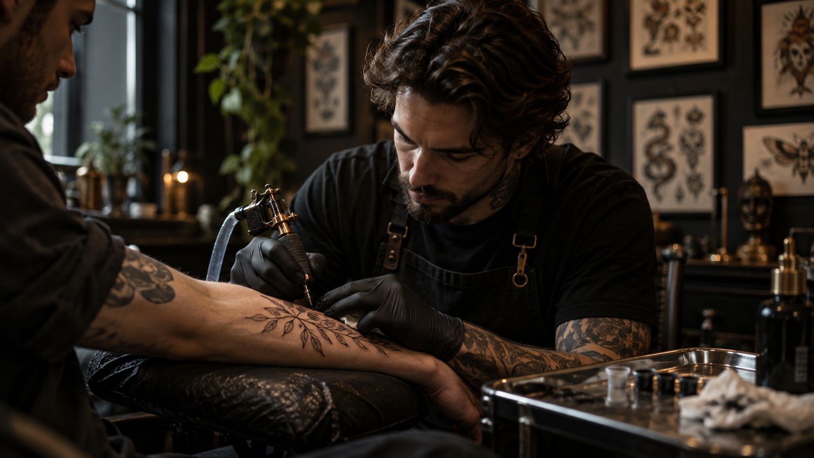 A tattoo artist working on a client's forearm